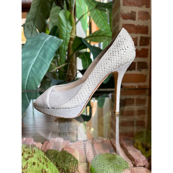 CHRISTIAN DIOR Gray Embossed Snakeskin & Suede Peep Toe Pumps SZ 37 - Picture 1 of 11